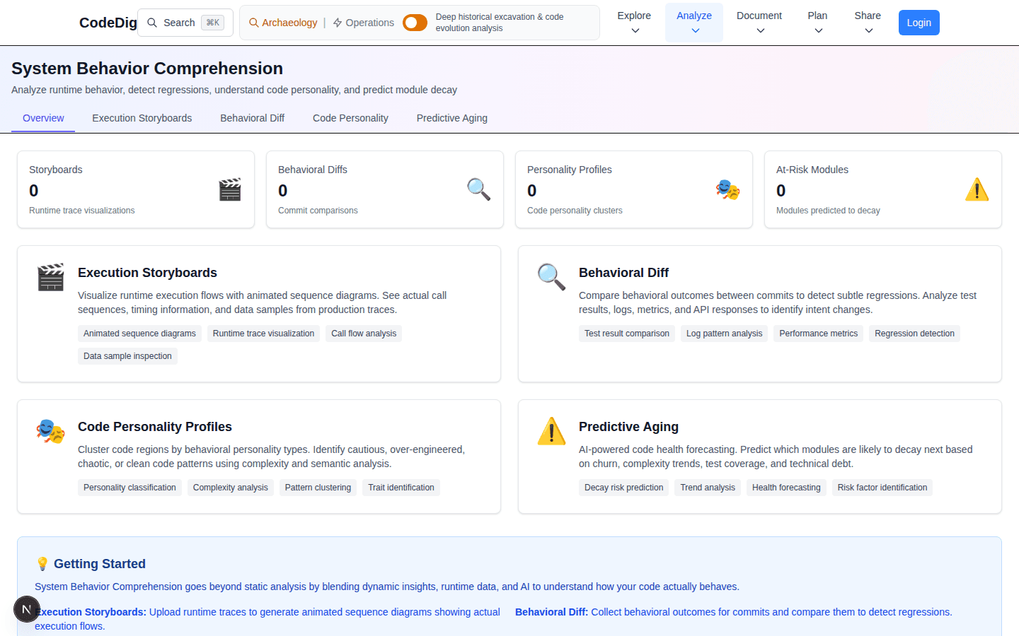 System Behavior Comprehension dashboard with execution storyboards and behavioral diff